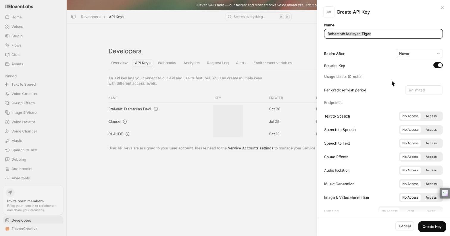 Formulario Create API Key con Restrict Key activado y los permisos por endpoint